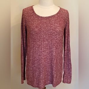 Xhilaration Maroon Cream Ribbed Lace Appliqués Long Sleeve Casual Top Size Large